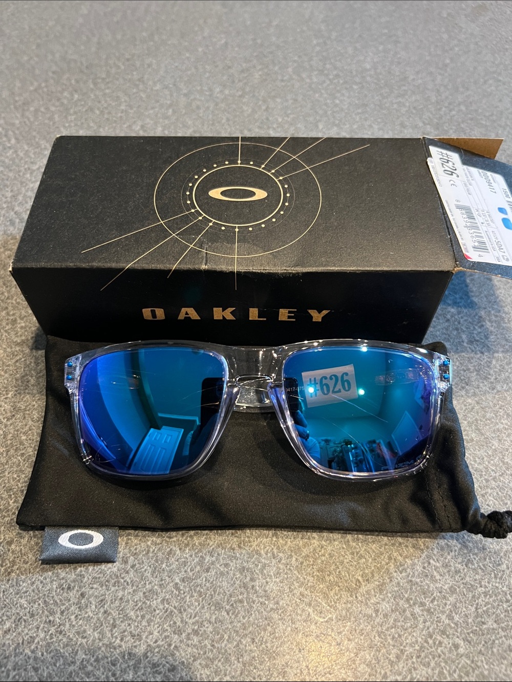 NWT Oakley Transparent Frame Sunglasses with Blue Mirrored Lenses